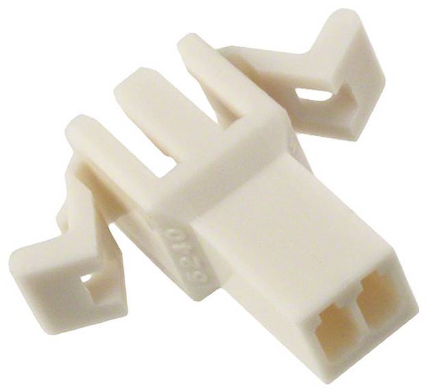 Ein weißer Kunststoffstecker mit zwei Stiften und zwei Clips, entwickelt zur Verwendung in der elektrischen oder mechanischen Montage.