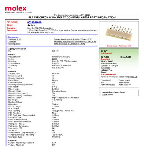 Molex Buchsenleiste (Standard) Polzahl Gesamt 16 Rastermaß: 1.00mm 528061610 Tray
