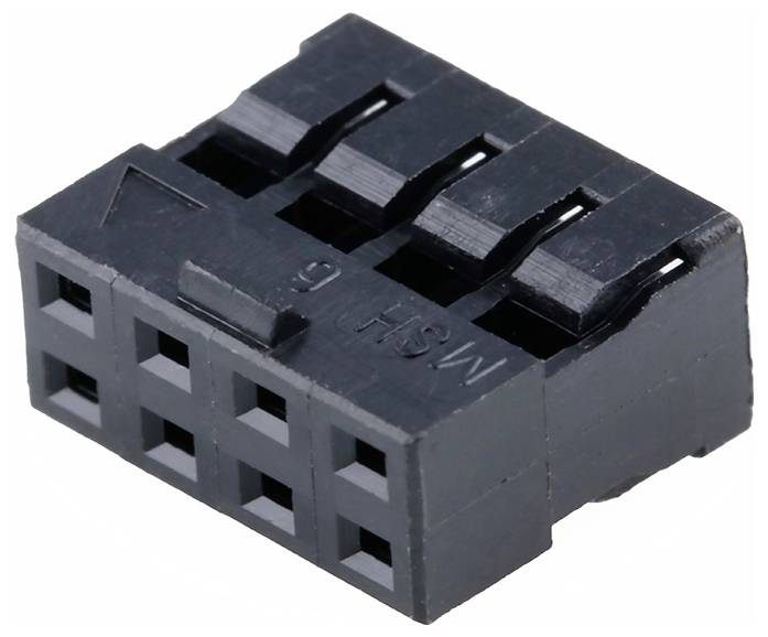 Ein schwarzer 6-poliger Stecker mit rechteckiger Form, mit einem Gitter aus quadratischen Löchern. Wird für elektronische Verbindungen auf Leiterplatten verwendet.