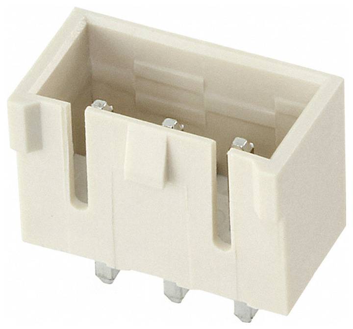 Ein beiges rechteckiges elektronisches Steckverbindersystem mit Metallstiften im Inneren, das zum Verbinden elektronischer Komponenten verwendet wird.