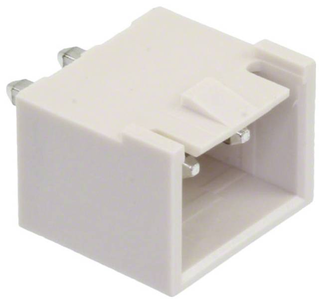 Ein cremefarbener Kunststoff-Elektronikstecker mit Metallstiften auf einer Seite, der zum Verbinden von Schaltkreisen in elektronischen Geräten verwendet wird.