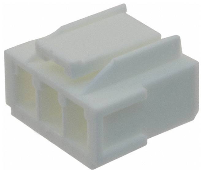 Ein weißer Kunststoff-Elektrostecker mit drei Anschlüssen, konzipiert für Verdrahtungsanwendungen. Scheint eine Gehäusekomponente zu sein.