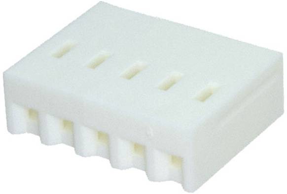Ein weißer Kunststoffstecker mit sechs Steckplätzen für Stifte, der für elektrische Verbindungen in Geräten verwendet wird.