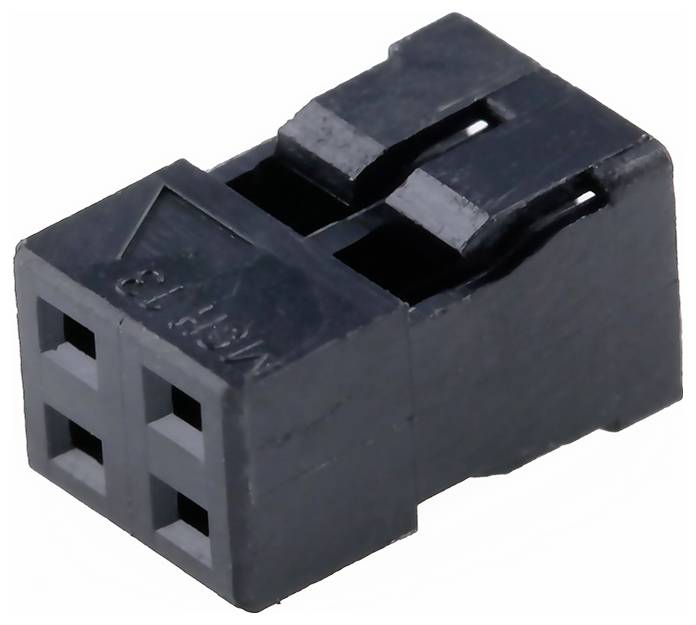 Ein schwarzer, rechteckiger Kunststoffstecker mit vier quadratischen Buchsen, der für elektronische Komponenten und Verdrahtungsverbindungen verwendet wird.