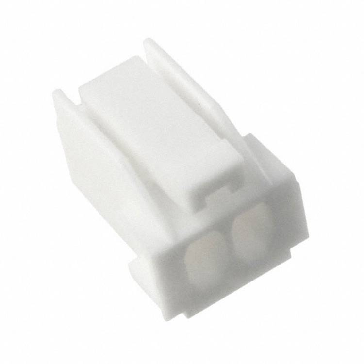 Ein weißer Kunststoff-Elektrostecker mit zwei Öffnungen und einer Befestigungsklemme oben, verwendet zum Verbinden von Drähten in elektronischen Geräten.