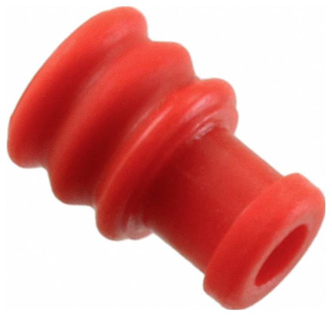 Eine kleine rote Gummikappe mit geripptem Design, die als Schutzabdeckung für Werkzeuge oder Maschinenkomponenten verwendet wird.