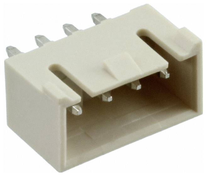 Beiger Kunststoff-Elektronikstecker mit vier Metallstiften in einem rechteckigen Gehäuse.