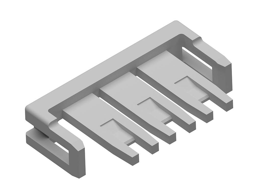 Ein grauer, rechteckiger Steckverbinder mit vier flachen Kontakten, die parallel angeordnet sind, ideal für elektronische Verbindungen.