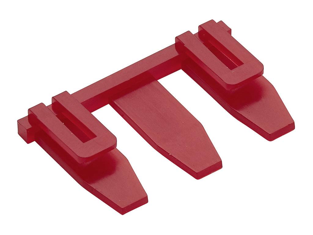 Rotes Kunststoffteil mit drei flachen Zungen zur Positionierung in einem anderen Bauteil.