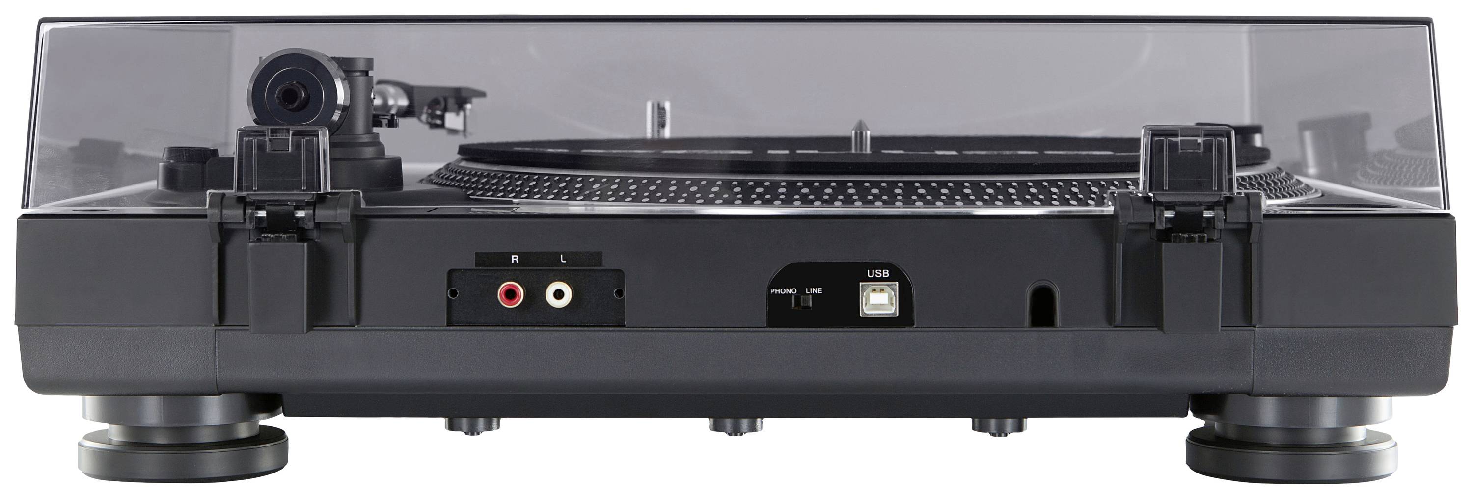 Plattenspieler mit durchsichtiger Abdeckung, zeigt die Anschlüsse auf der Rückseite: RCA, USB und Stromanschluss.