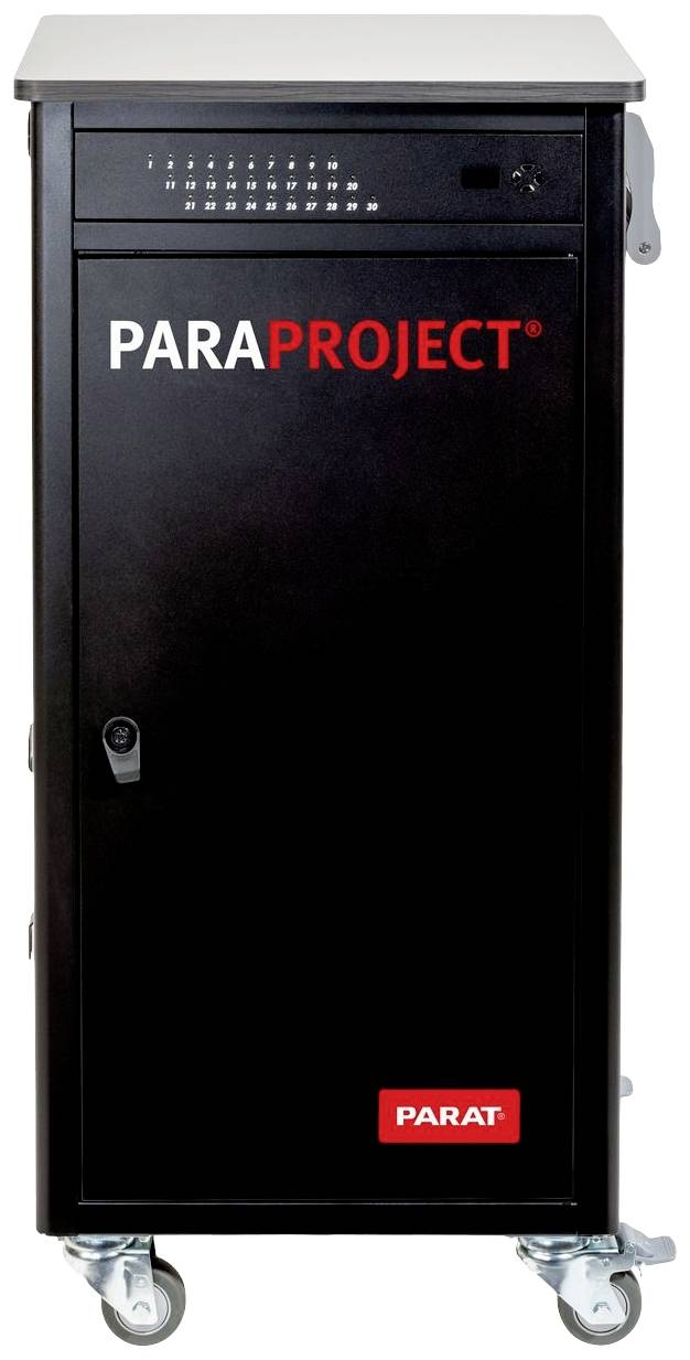 Schwarzer mobiler Schrank mit der Aufschrift 'PARAPROJECT'. Der Schrank hat Rollen und ein Schloss an der Tür.