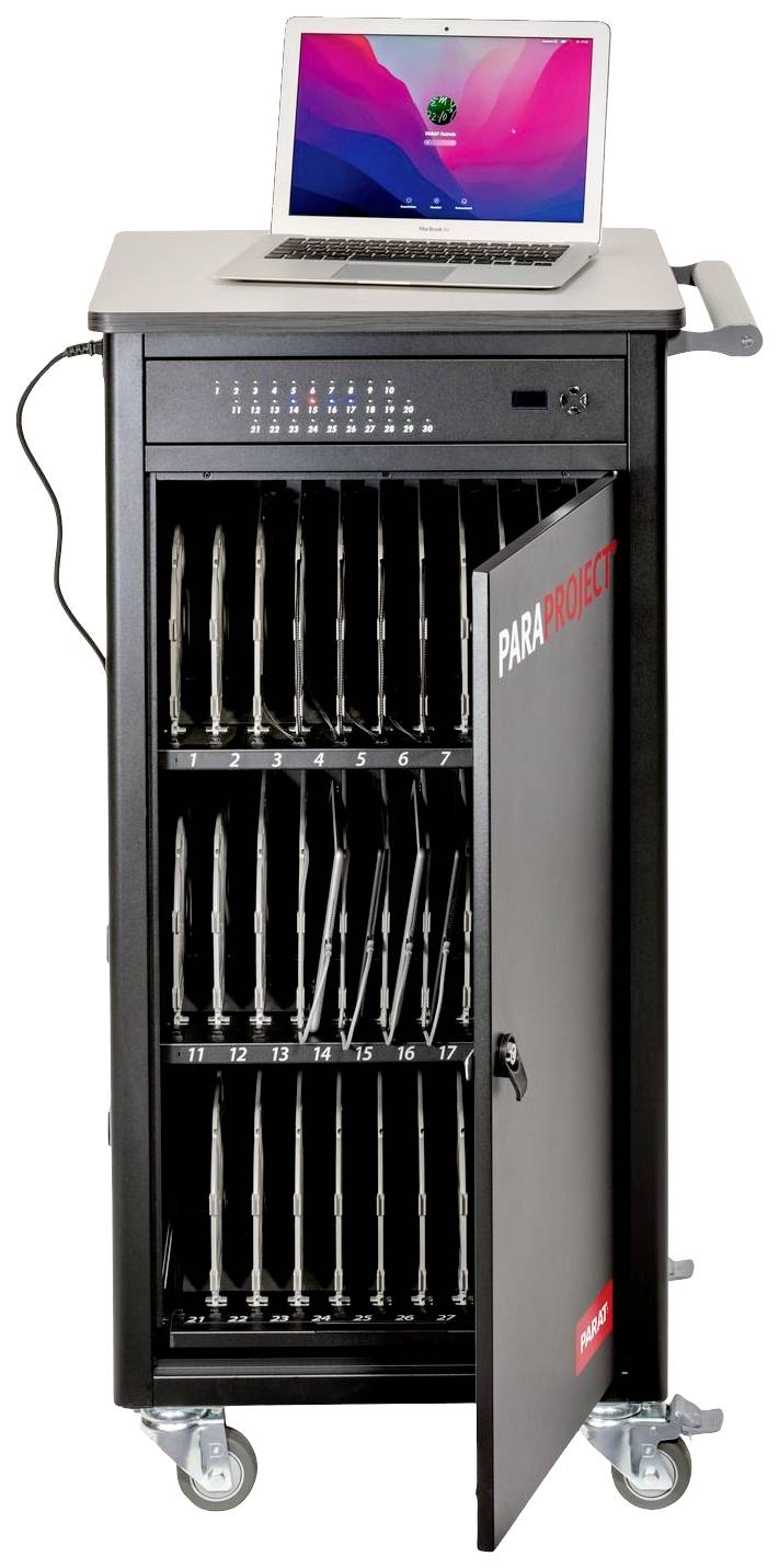 Ein mobiler Ladeschrank mit offenen Türen zeigt 16 Laptops, auf dem oberen Fach steht ein geöffneter Laptop. Ideal zum Aufladen und Aufbewahren von Geräten.