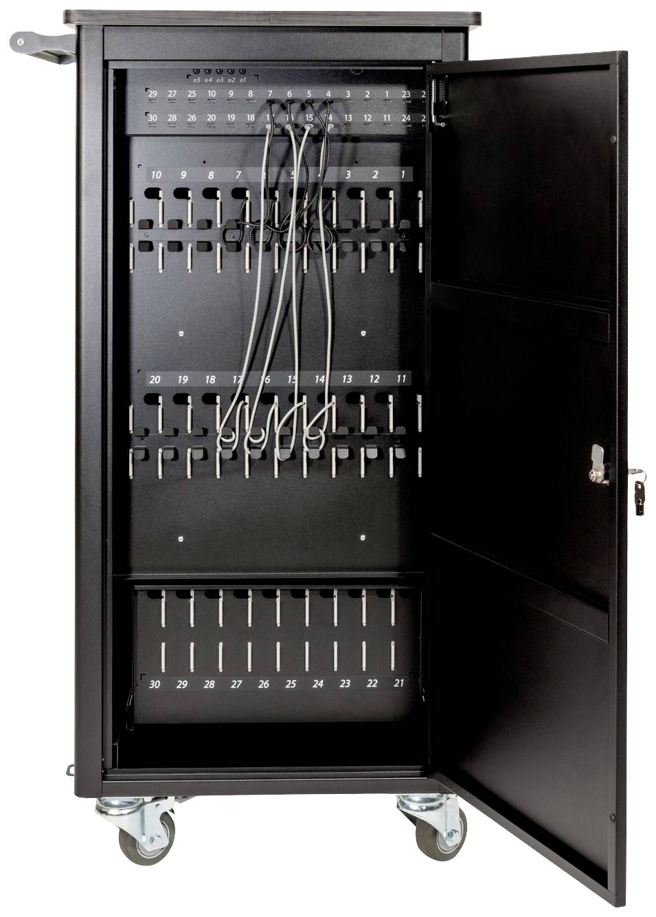 Schwarzer Aufbewahrungsschrank mit geöffneter Tür, ausgestattet mit Kabeln und 30 nummerierten Steckplätzen zur Aufbewahrung elektronischer Geräte.