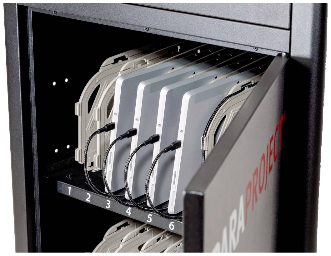 Ein offener Server-Schrank zeigt sechs Datenlaufwerke mit nummerierten Kabelanschlüssen.