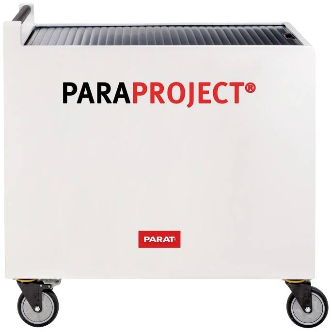 Mobiler weißer Gerätewagen mit Rollen, Aufschrift 'PARAPROJECT®'.
