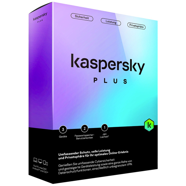 Kaspersky Plus Internet Security Jahreslizenz, 3 Lizenzen Windows, Mac, Android, iOS Antivirus