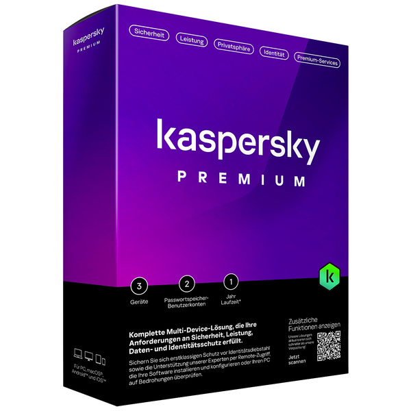Kaspersky Premium Total Security Jahreslizenz, 3 Lizenzen Windows, Mac, Android, iOS Antivirus