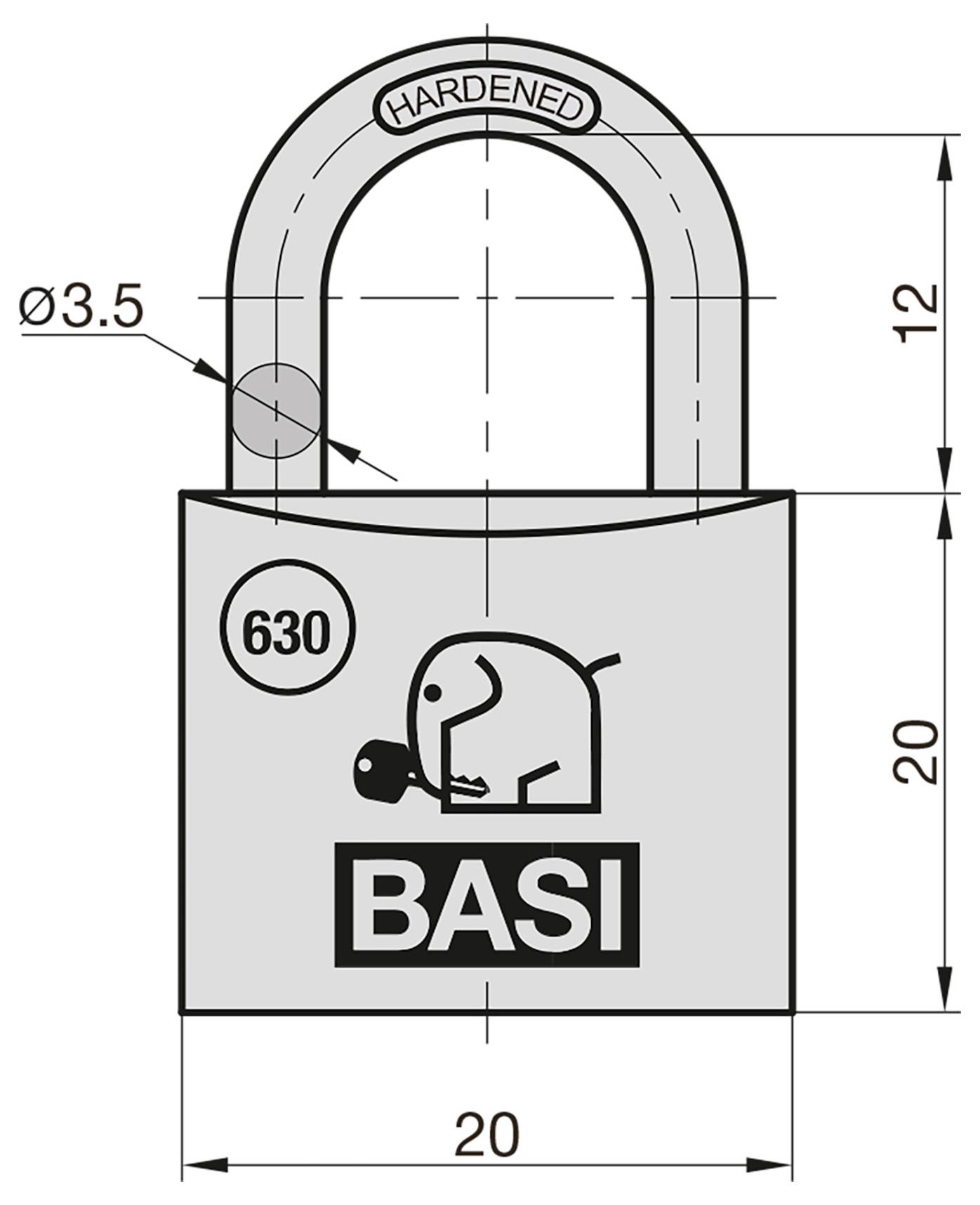 Technische Zeichnung eines gehärteten BASI-Vorhängeschlosses mit den Abmessungen 20 mm Breite und 20 mm Körperhöhe, 12 mm Schackelhöhe und 3,5 mm Schackeldurchmesser.