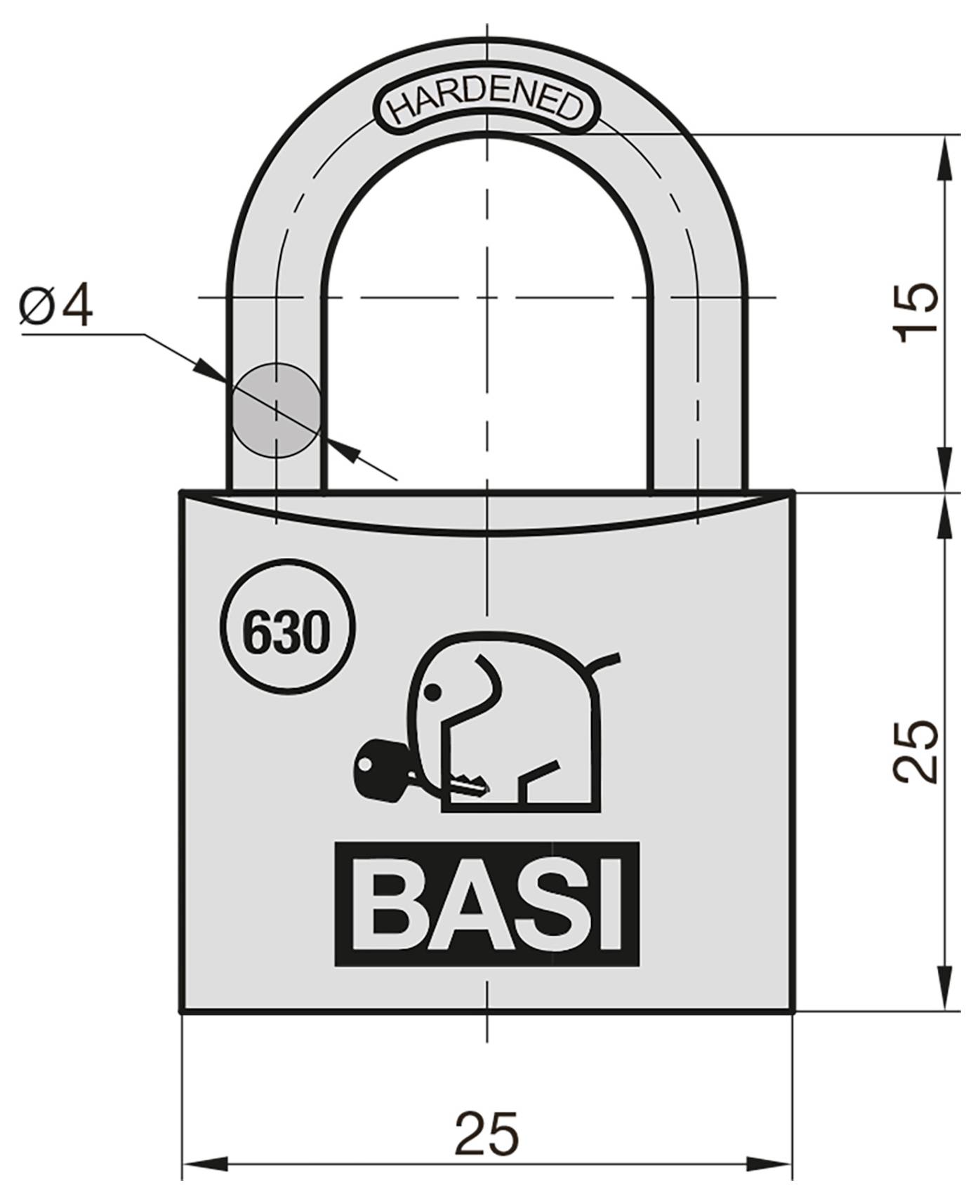 Technische Zeichnung eines Vorhängeschlosses mit der Bezeichnung „BASI