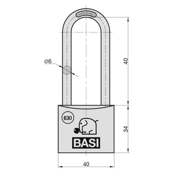 Skizze eines Vorhängeschlosses von BASI mit Maßen. Höhe: 40 mm, Breite: 40 mm, Bügel-Durchmesser: 6 mm. Modellnummer: 630.