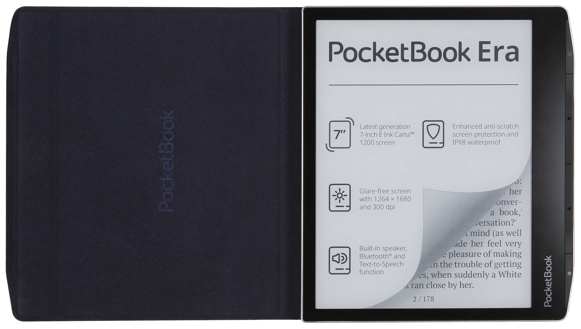 E-Reader mit offener Hülle, zeigt den Bildschirm mit Textdetails: 'PocketBook Era', E-Ink Bildschirm, wasserfest, Bluetooth.