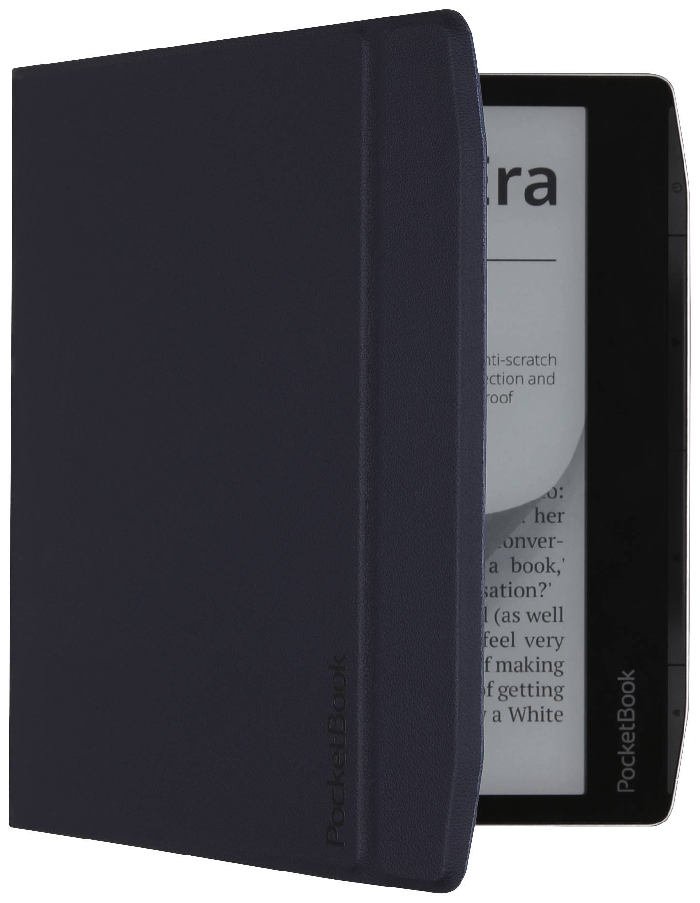 E-Reader in schwarzer Schutzhülle, teilweise geöffnet, zeigt Text auf dem Bildschirm.