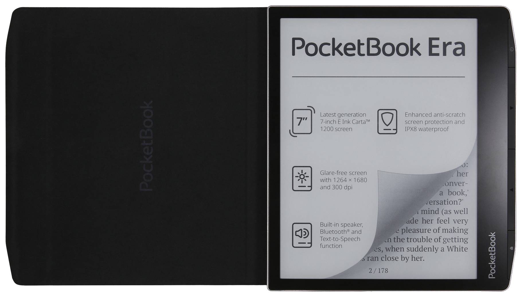 Ein E-Reader mit geöffneter Schutzhülle und teilweise umgeblätterter Seite, zeigt Features wie 7-Zoll-Bildschirm und 300 dpi.