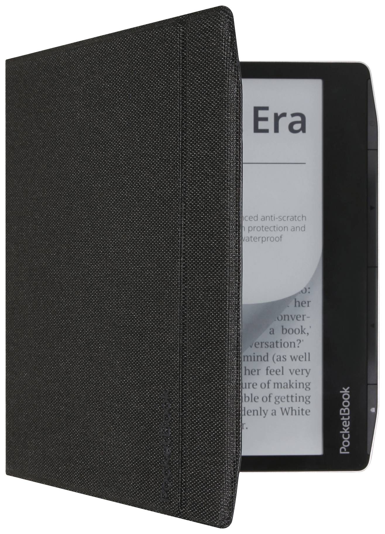 Elektronischer E-Reader in einer schwarzen Schutzhülle mit einem teilweise sichtbaren Bildschirm, der Text anzeigt.