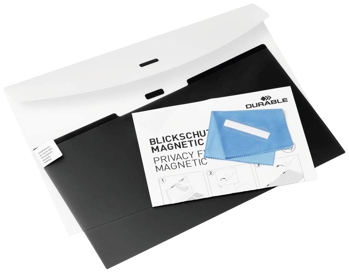 Ein Blickschutzfilter-Set von Durable mit schwarzem Filter, Installationsanleitung und Reinigungstuch in einer transparenten Verpackung.
