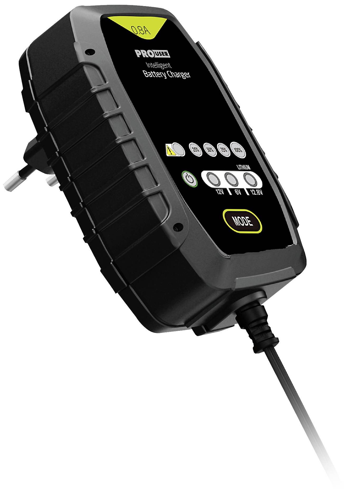 Ladegerät mit LED-Anzeige und Knöpfen. Zeigt Batteriestatus und Modi an. Geeignet für 12V- und 24V-Batterien.