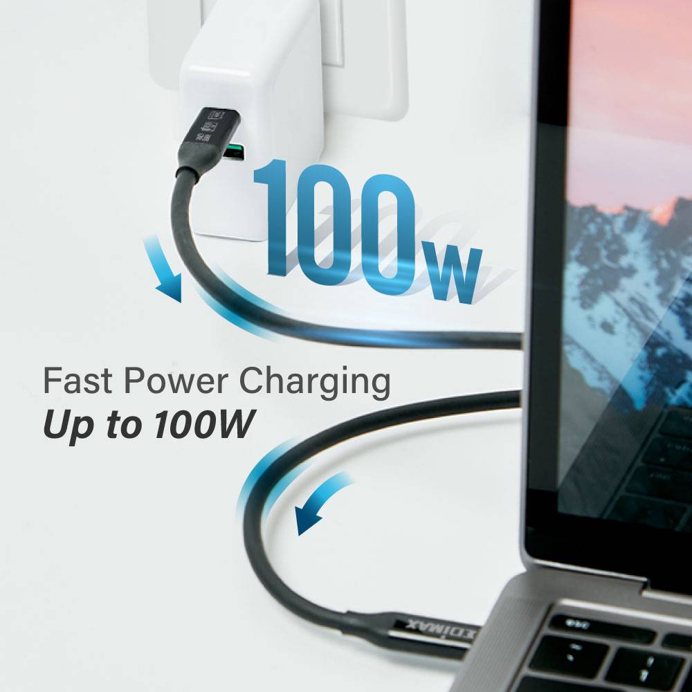 Ein Laptop wird mit einem schwarzen Kabel an ein weißes Ladegerät angeschlossen, das '100W' zeigt. Text: 'Fast Power Charging Up to 100W'.
