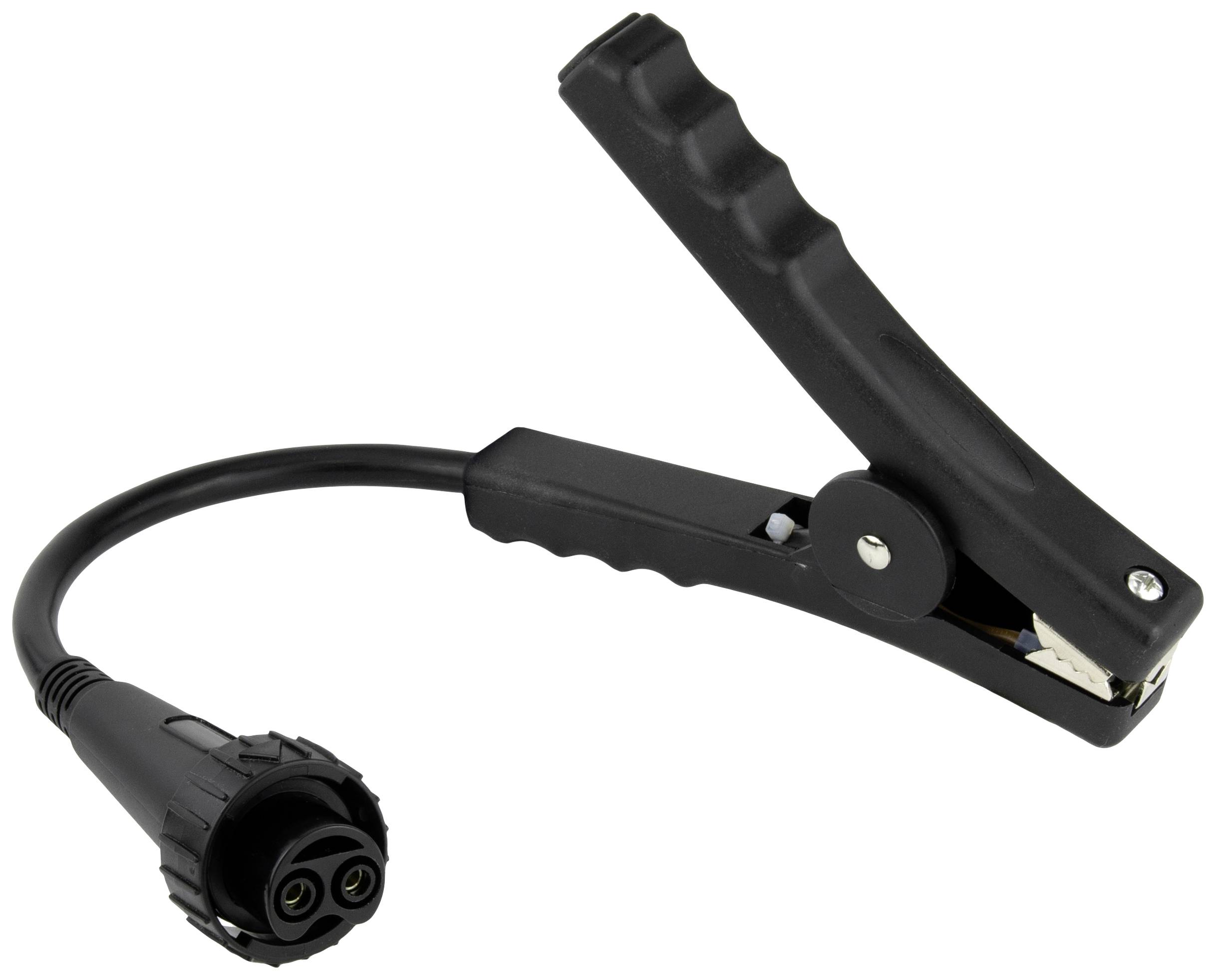 Schwarze Krokodilklemme mit Kabel und Anschlussstecker, verwendet für elektrische Anwendungen oder Batterieanbindung.