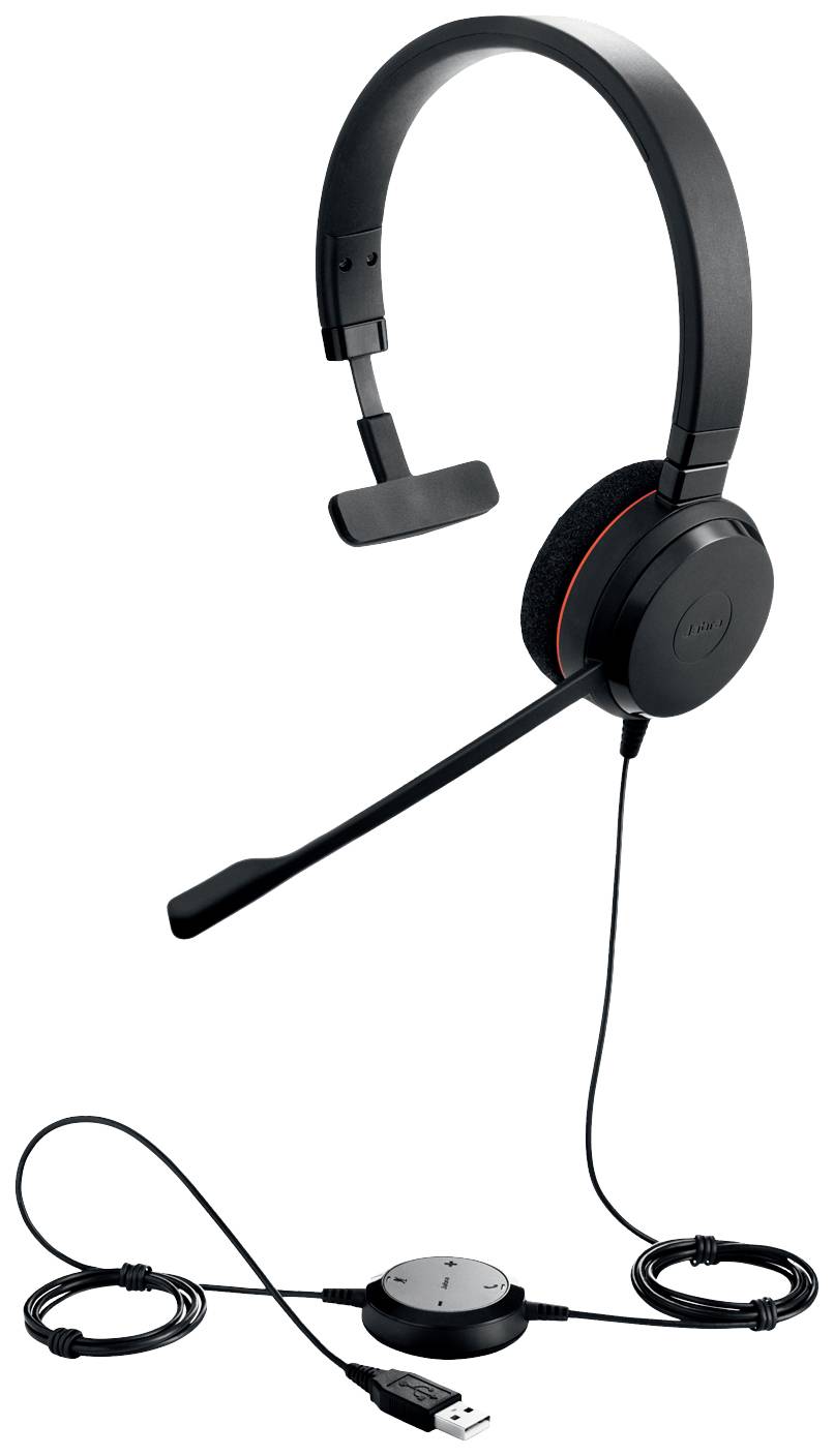Ein schwarzes USB-Headset mit einstellbarem Mikrofonarm und einer Ohrmuschel. Das Kabel endet in einem USB-Stecker.