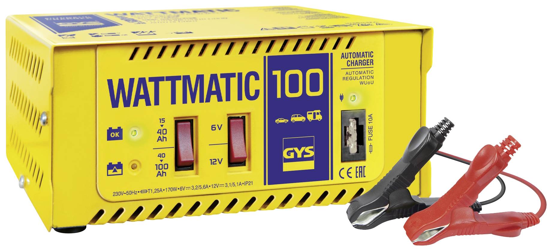 Gelbes Batterieladegerät 'Wattmatic 100' mit zwei Kontrolllampen für 6V und 12V; rote und schwarze Klemmen an der Seite.