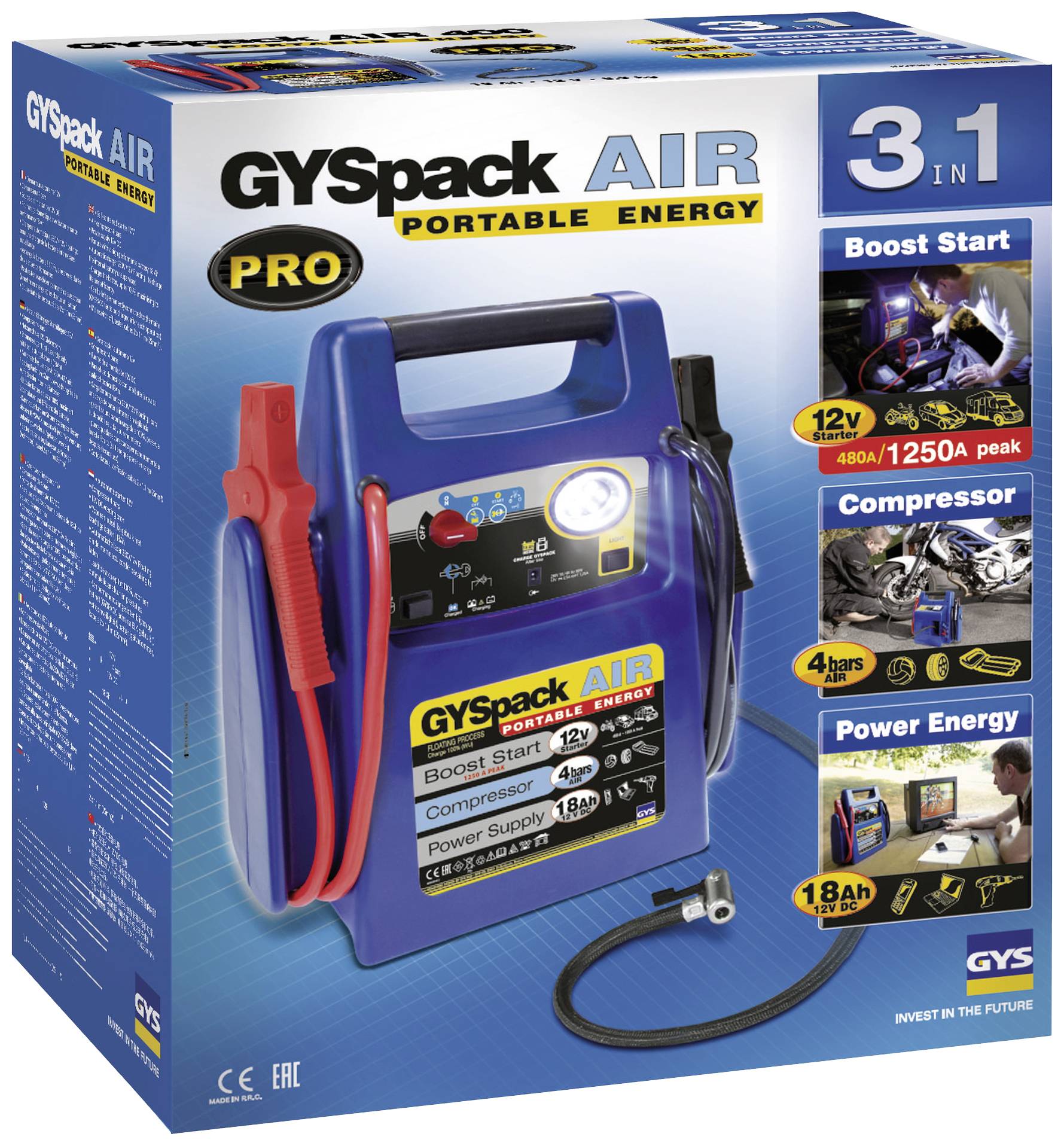GYS Schnellstartsystem Gyspack Air 3in1 026322 Starthilfestrom (12 V)=480A Spannungswandler 230 V, Kompressor, Verpolungs-