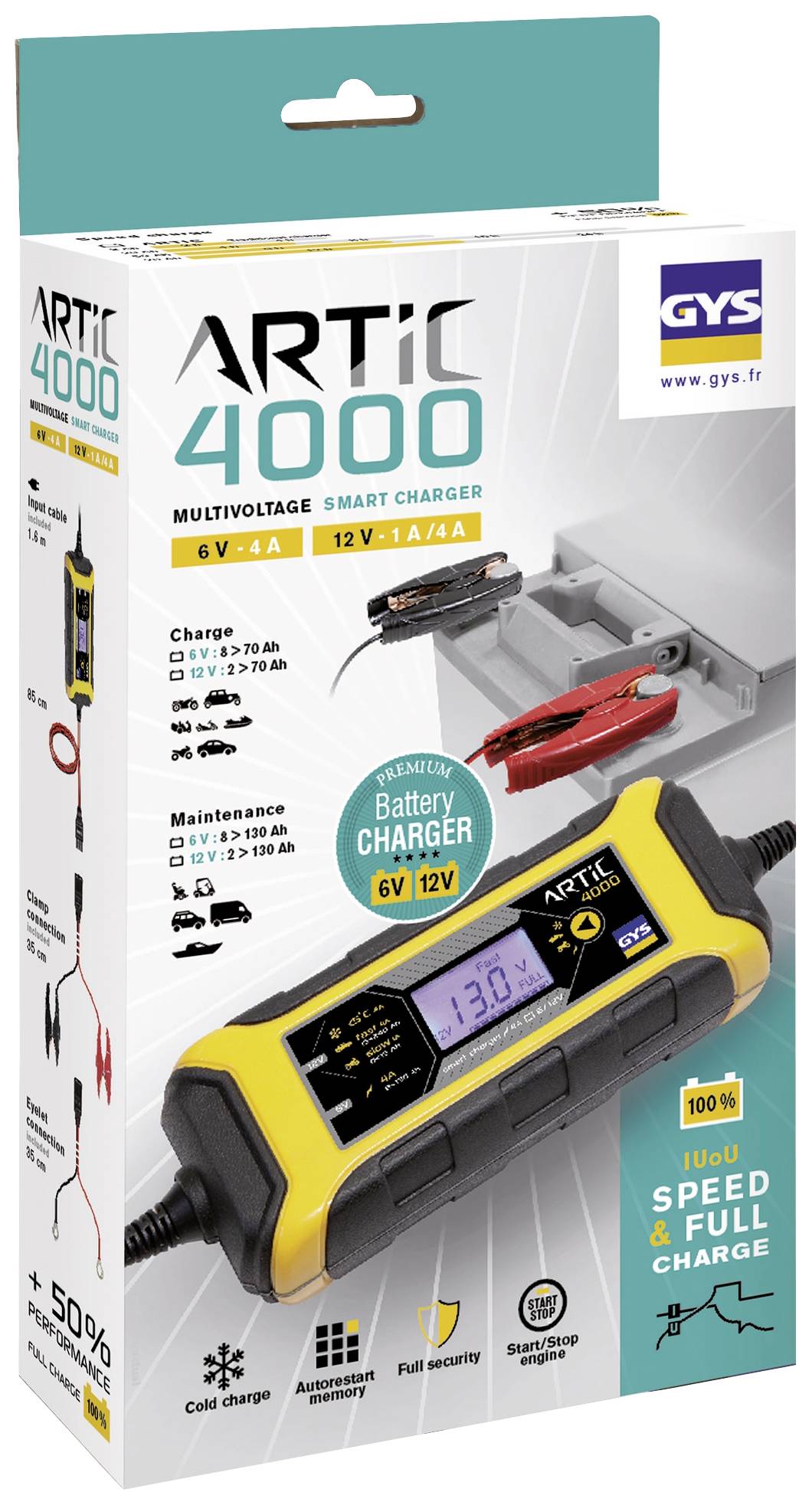 Ladegerät 'ARTIC 4000', für 6V und 12V Batterien, 1A/4A, mit digitalem Display. Geeignet für Autos, Motorräder und Boote.