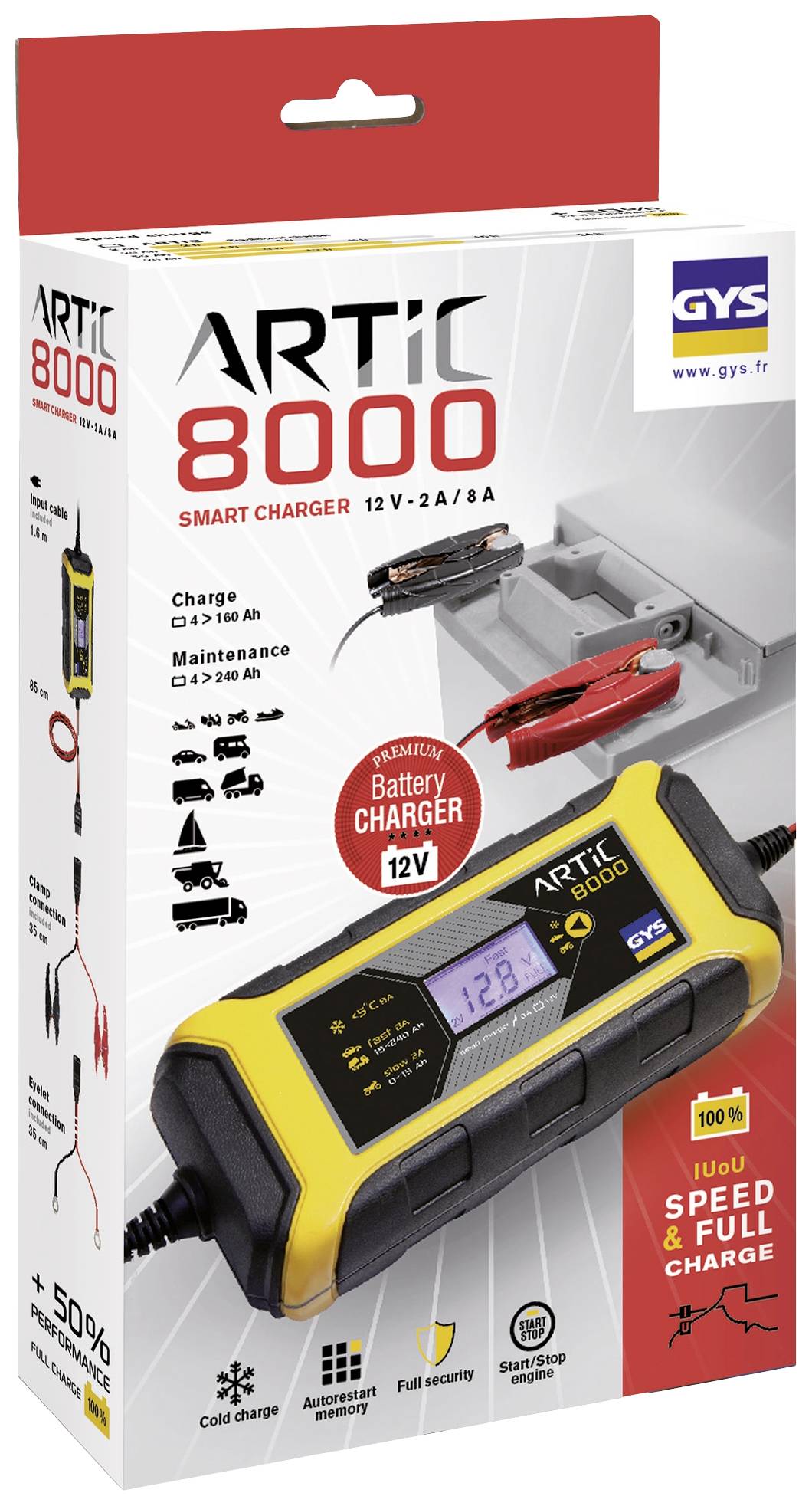 Ladegerät ARTIC 8000 für 12 V Batterien mit 2A/8A Leistung. Digitalanzeige, geeignet für kaltes Wetter. Bild zeigt Verpackung.