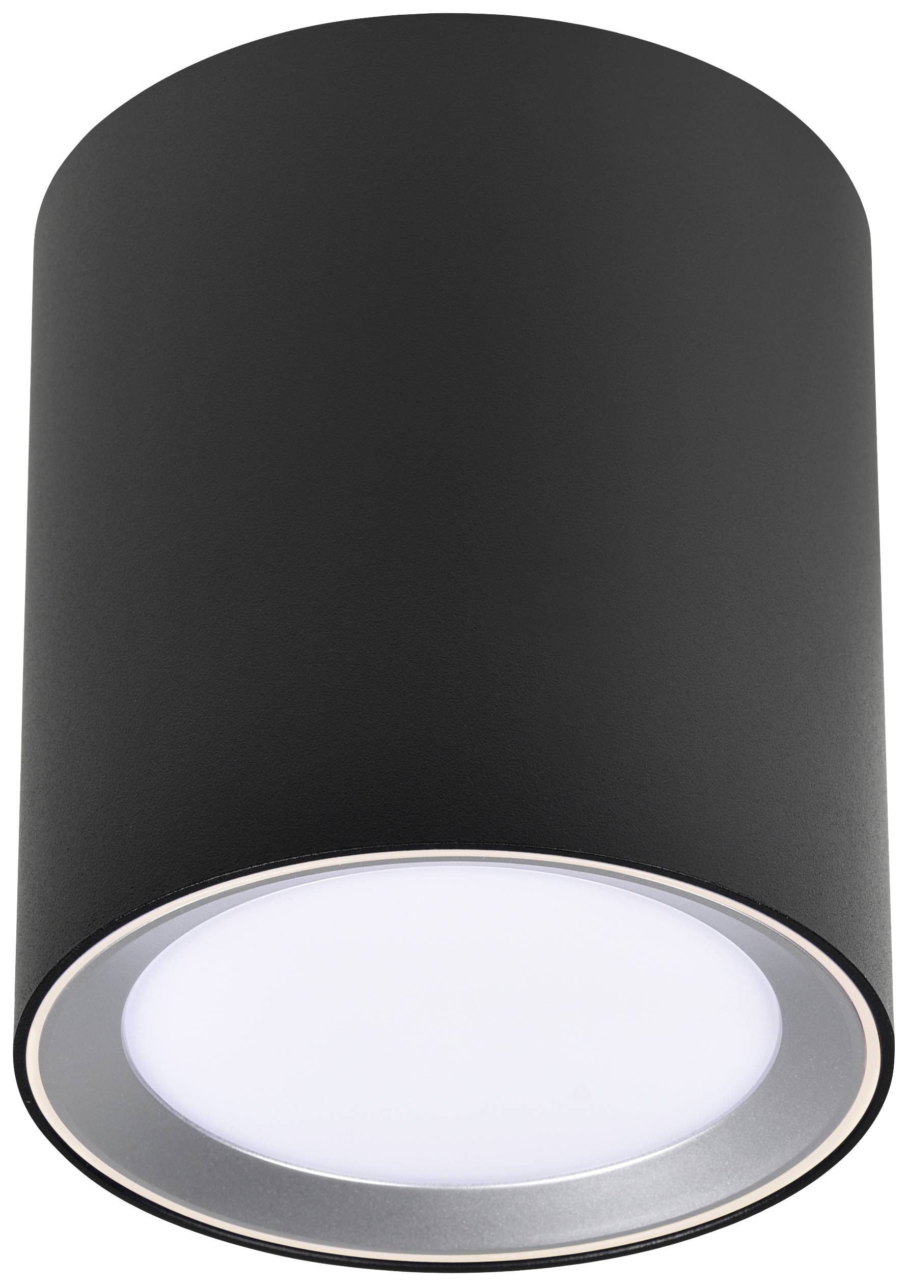 Eine schwarze zylindrische Deckenleuchte mit einem weißen Lichtdiffusor an der Unterseite.