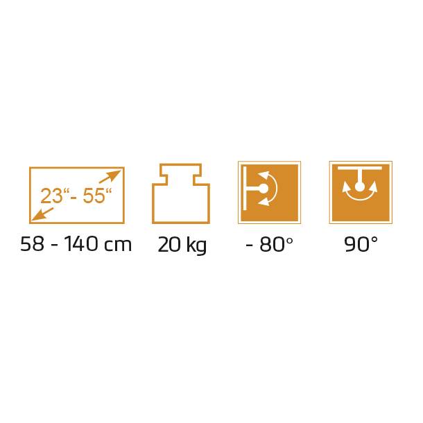 'Verstellbarer Monitorarm: Unterstützt 23"-55" Monitore, 58-140 cm Höhe, bis 20 kg, -80° Neigung, 90° Schwenkung.'