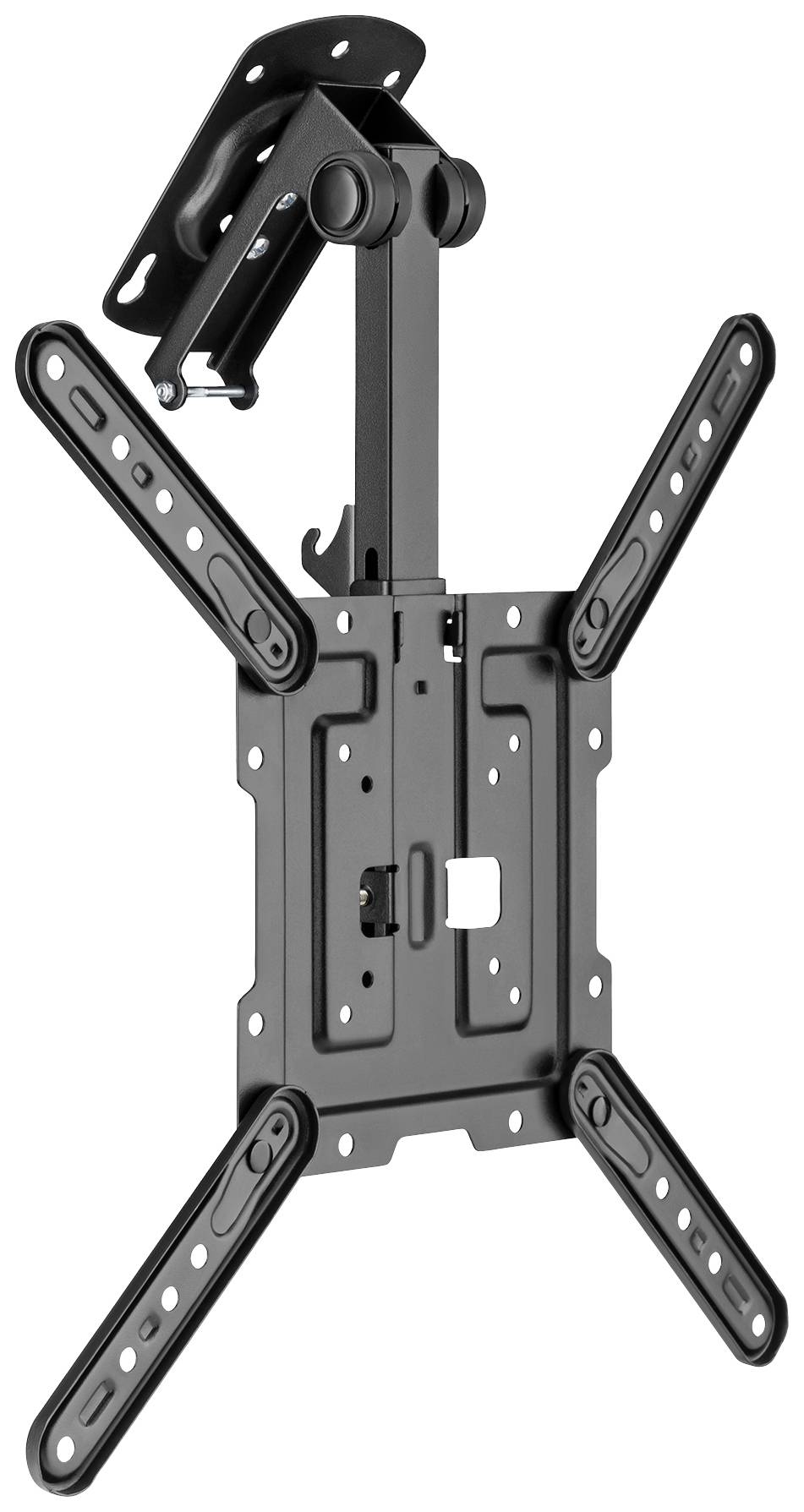 Halterung für Fernseher oder Monitor aus schwarzem Metall, mit verstellbaren Armen zur Wandbefestigung.