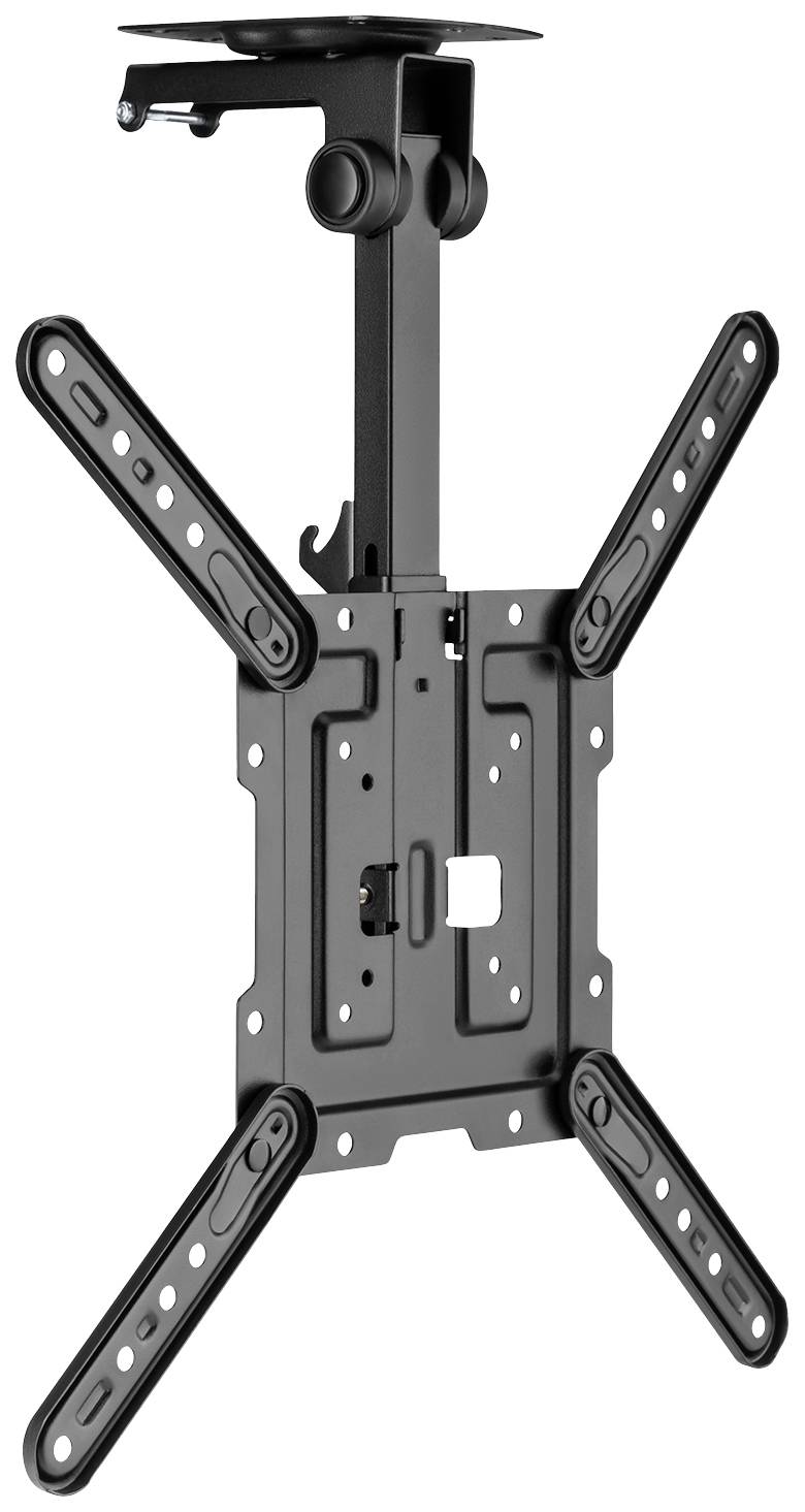 Deckenhalterung für Flachbildfernseher in Schwarz, verstellbare Arme, geeignet für verschiedene Bildschirmgrößen.