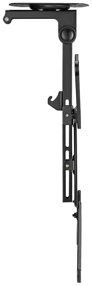 Ein schwarzer, klappbarer TV-Wandhalter aus Metall, seitlich betrachtet. Geeignet zur flexiblen Platzierung eines Fernsehers.