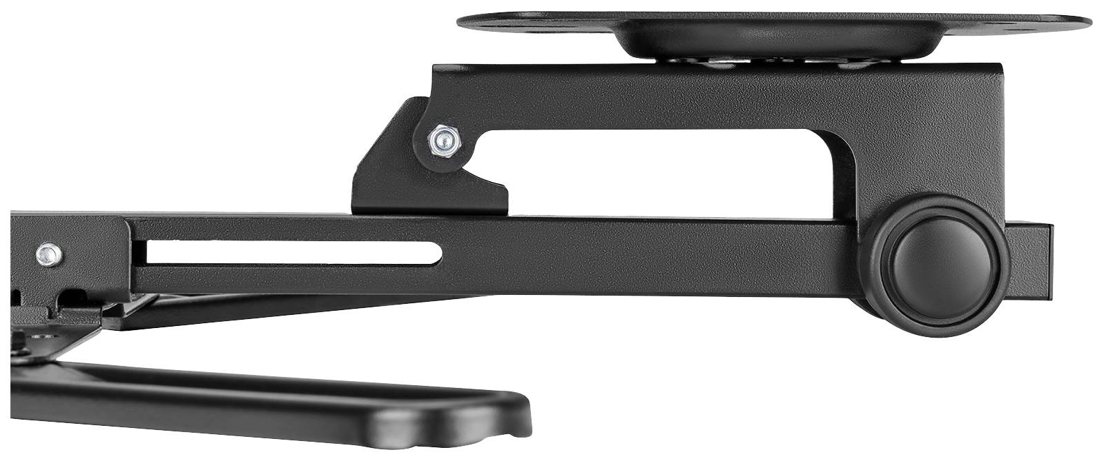 Ein schwarzer, verstellbarer Monitorarm mit einem rotierenden Gelenk und einem stabilen Befestigungsmechanismus für einen Schreibtisch.