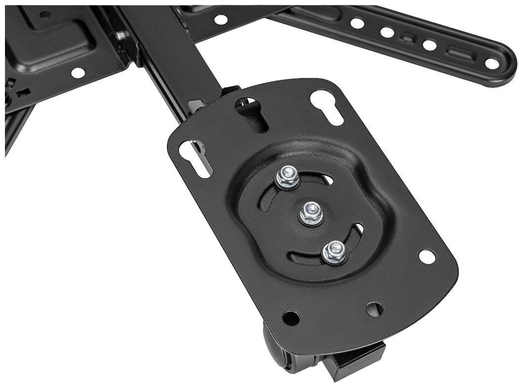 Wandhalterung für Fernseher mit mehreren Löchern zur Befestigung und Drehmechanismus. L-förmige Struktur aus schwarzem Metall.