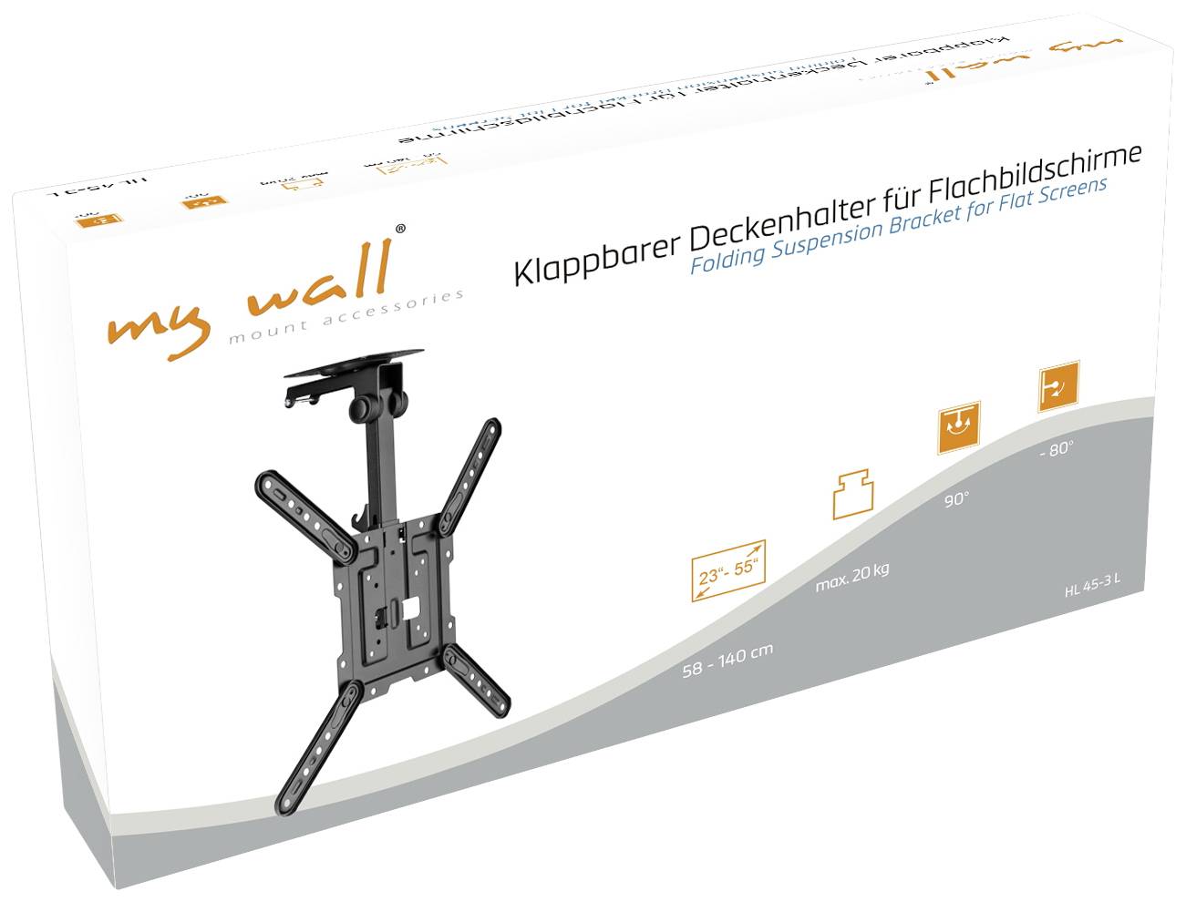 Klappbarer Deckenhalter für Flachbildschirme, geeignet für Bildschirmgrößen von 23" bis 55" und einem Gewicht bis 20 kg.