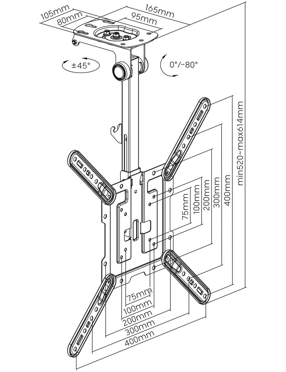 Eine Montageanleitung für eine Deckenhalterung. Details zeigen die Abmessungen, Neigungswinkel von ±45°, Höhenverstellbarkeit und minimale/maksimale Maße.