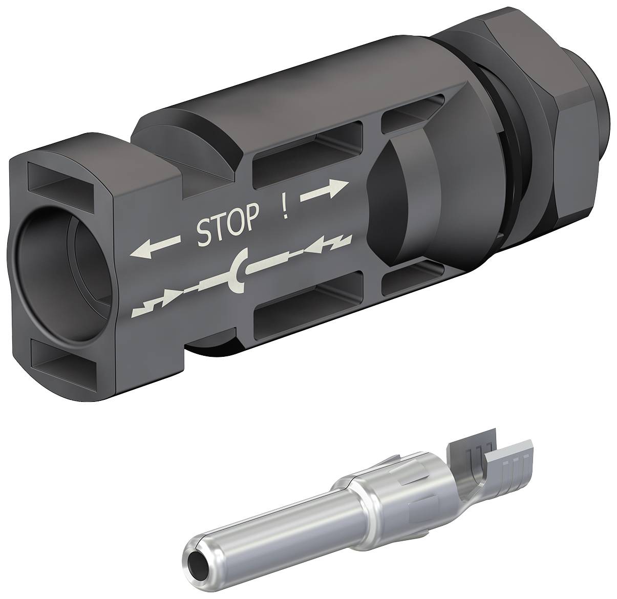 Ein schwarzer Rohrstopper mit der Aufschrift 'STOP' und Pfeilsymbolen. Darunter ein metallischer Stift mit einer Aussparung.