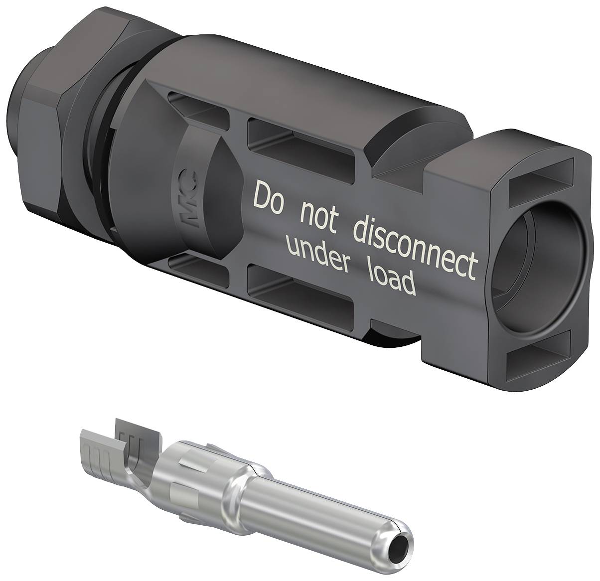 Eine schwarze Steckverbindung mit der Aufschrift 'Do not disconnect under load' ist abgebildet, daneben ein einzelner Metallstecker.