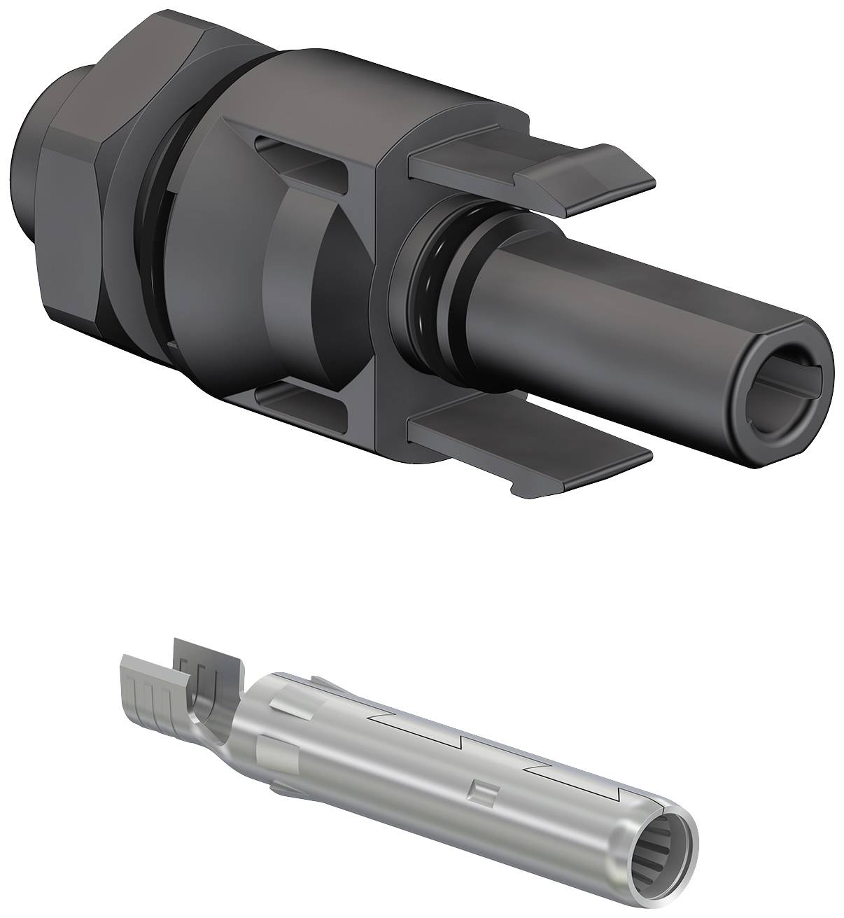 Steckverbinder-Komponente aus schwarzem Metall oben, silberne Stiftanschlusskomponente unten. Beide zeigen technische Details.