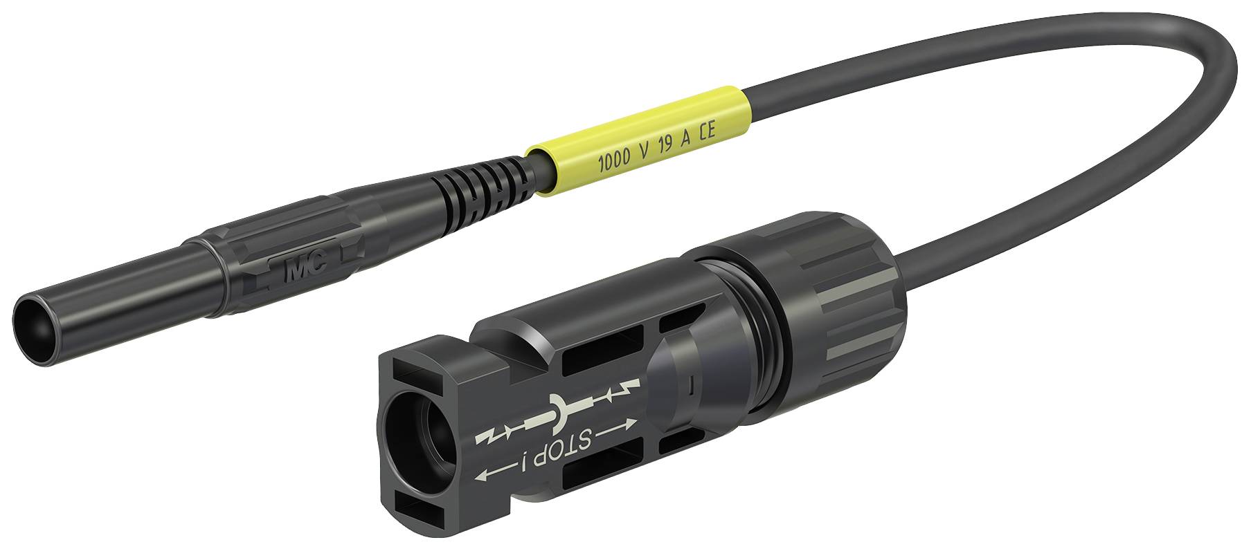 Schwarzes Solarkabel mit Anschlüssen und gelber Markierung '1000 V 30 A'. Geeignet für hohe Spannungen.